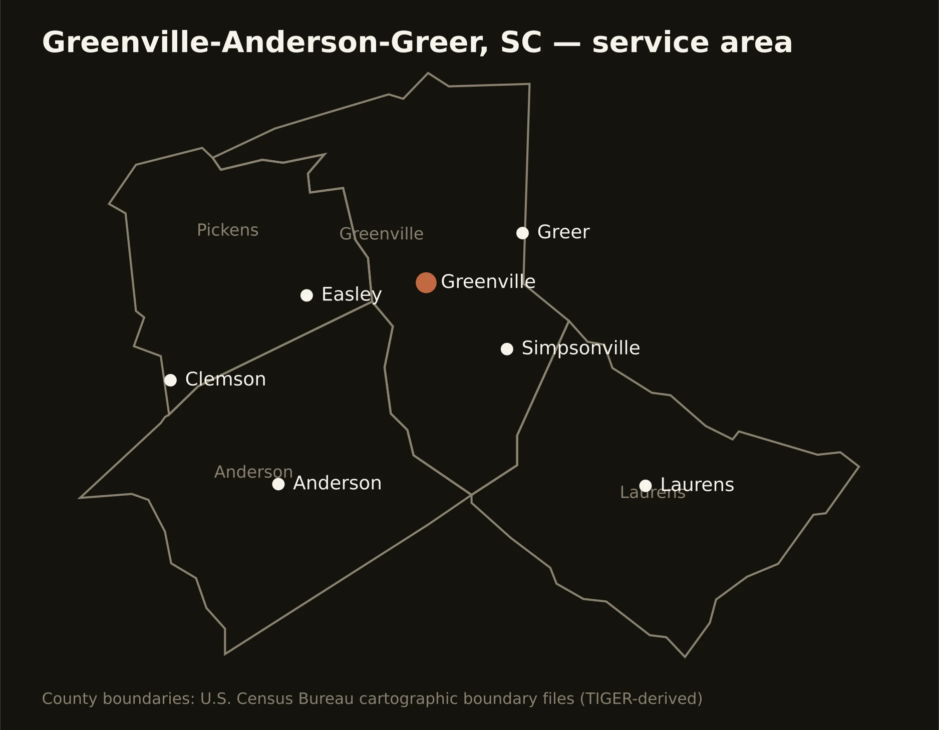 Greenville-Anderson-Greer, SC directional drilling service area map — component counties and cities served